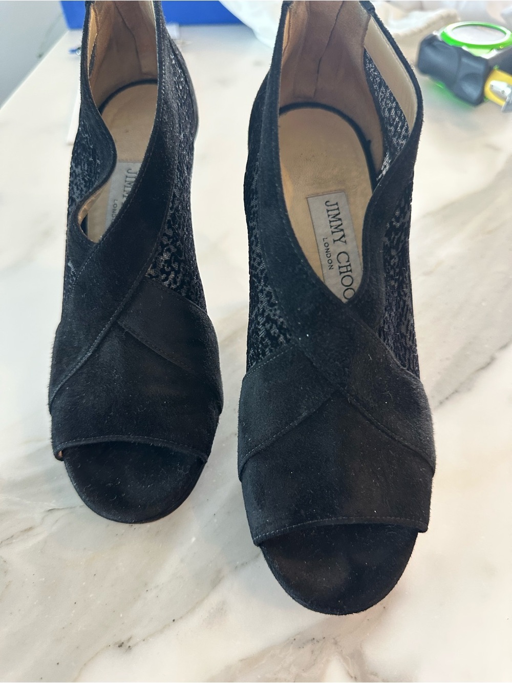 Jimmy Choo Black Suede Open-Toe Crossover Heels